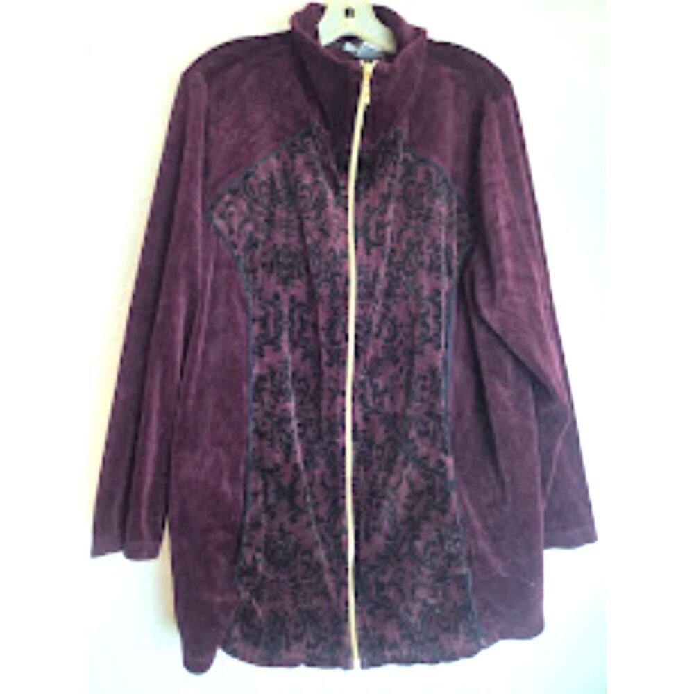 Catherine's Burgunday Purple w/Black Floral Cotton Blend Full Zip Sweatshirt 2X